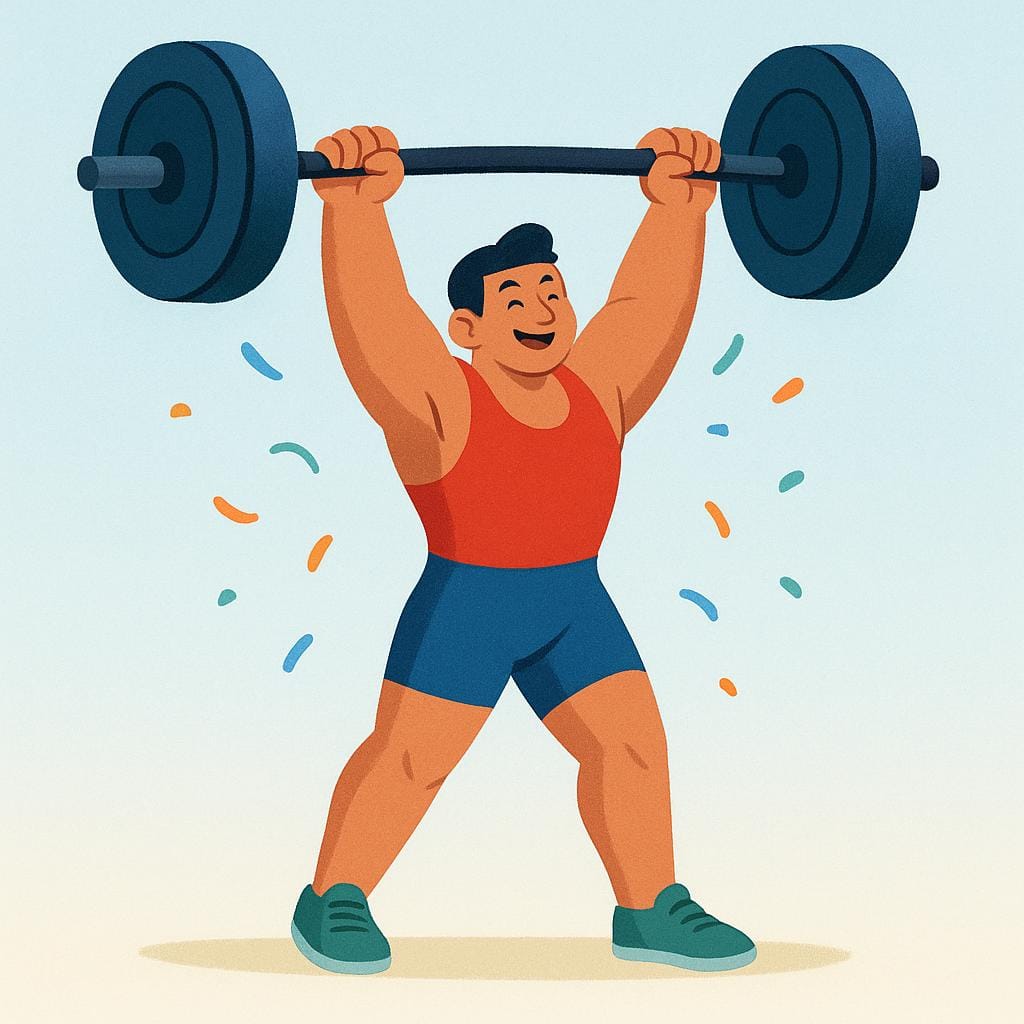 Een sterke, gestileerde atleet die met een triomfantelijke blik een enorme halter boven zijn hoofd optilt, wat het verbreken van een record symboliseert.