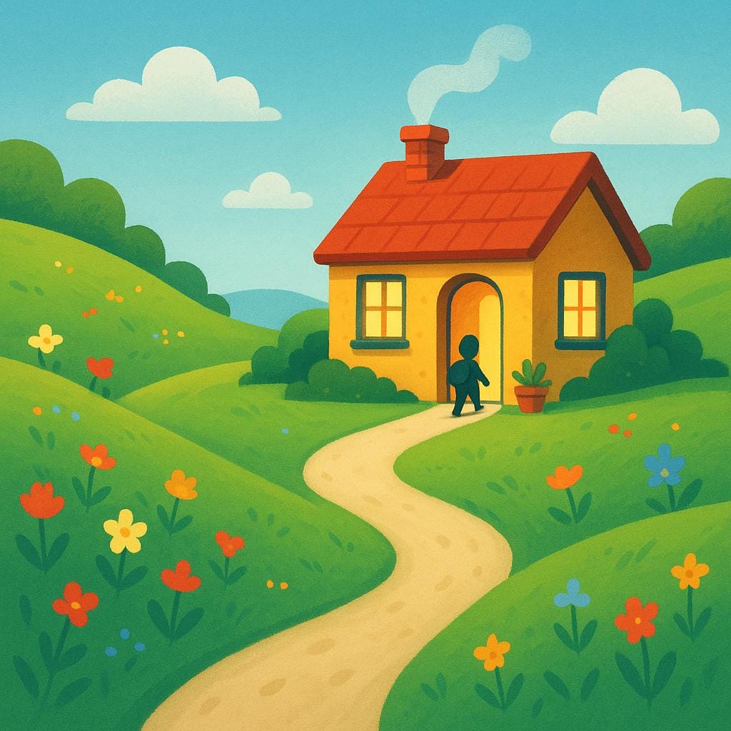 A traveler standing very close to the door of a welcoming cottage, illustrating that only a small distance remained until arrival.