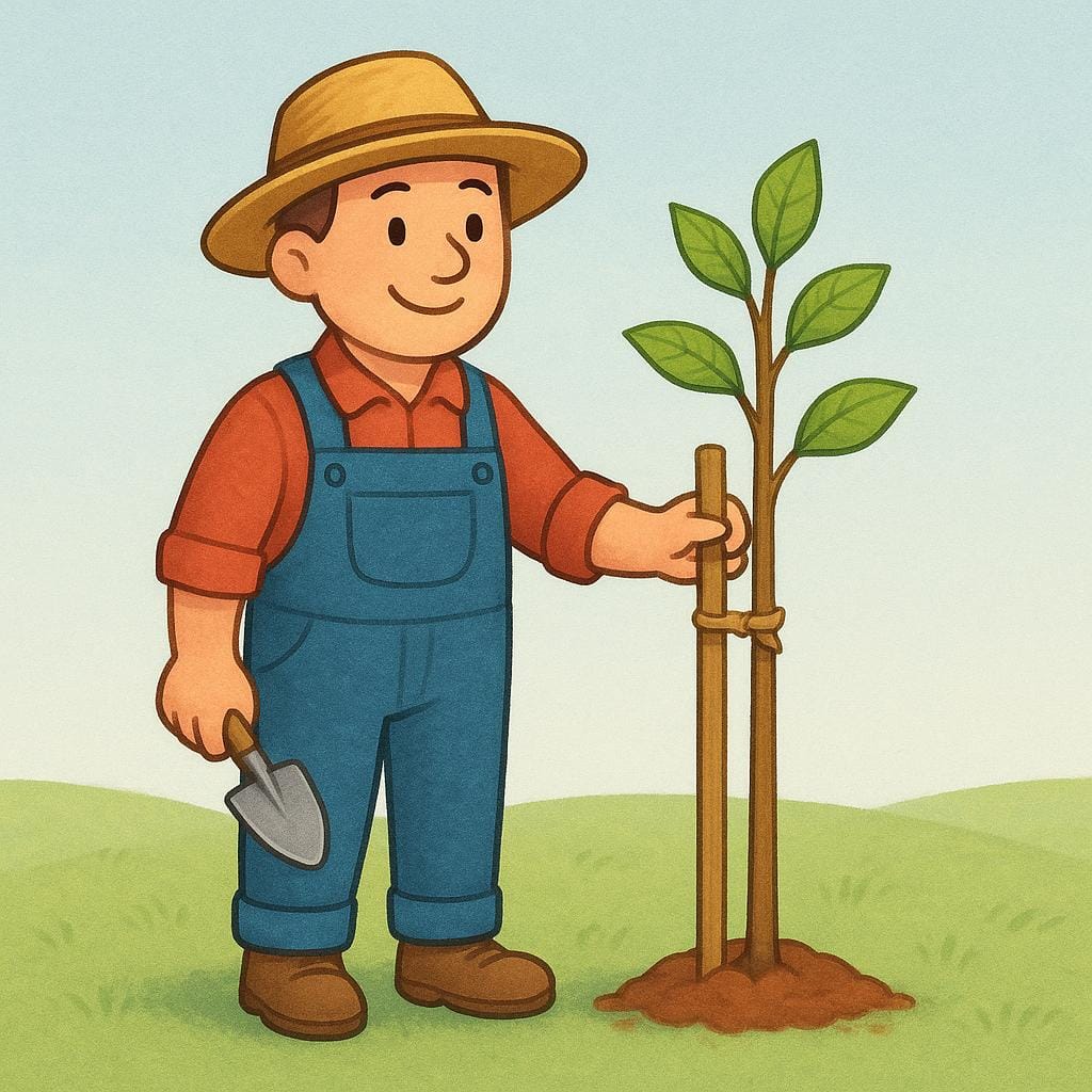 Eine lächelnde Figur eines Gärtners, der neben einem jungen Baumsetzling steht, der fest von einem starken Holzpfahl gestützt wird, was den Zustand der Unterstützung demonstriert.