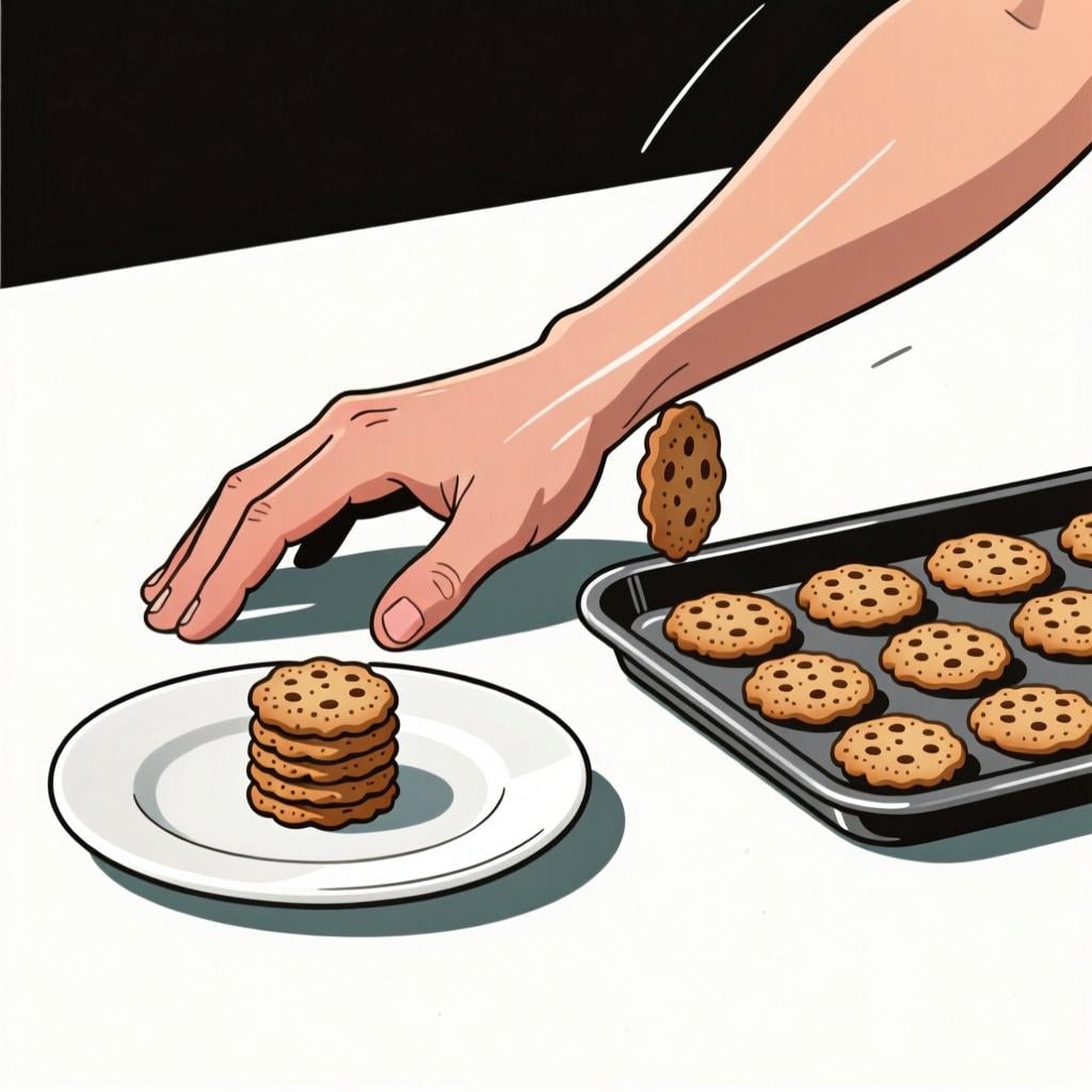A hand gently pushing away a tray of cookies, indicating that the person already has enough of the item.