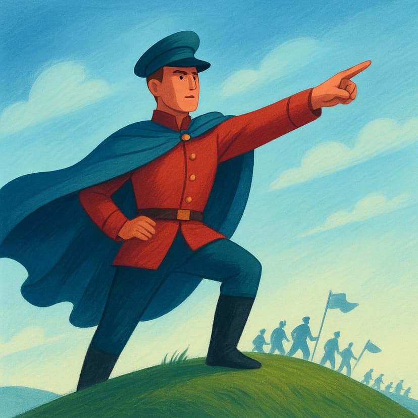 A military general standing on a hill, pointing decisively forward, initiating the action to attack.