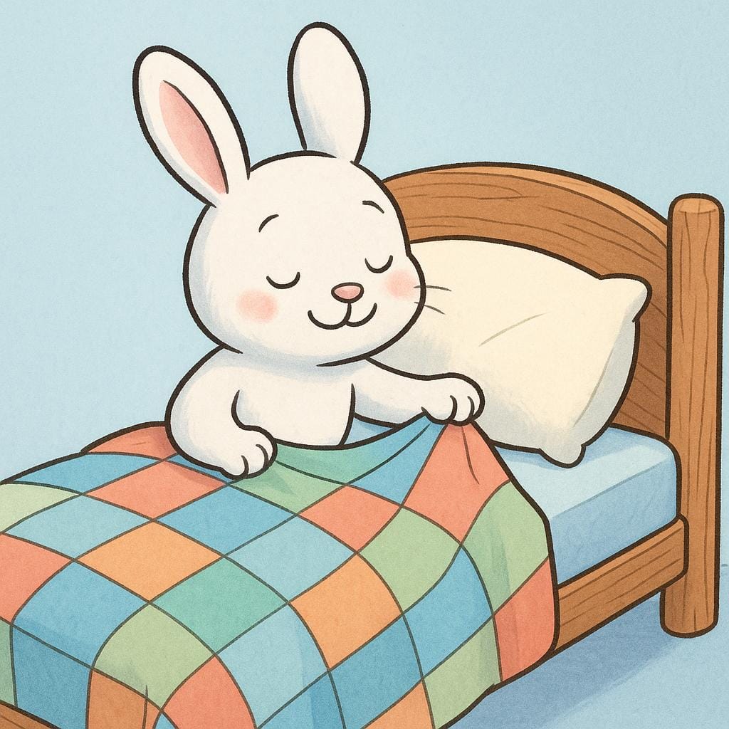 Un allegro coniglio cartone animato che sale su un accogliente letto di legno, tirando su una coperta e chiudendo gli occhi, pronto per dormire.
