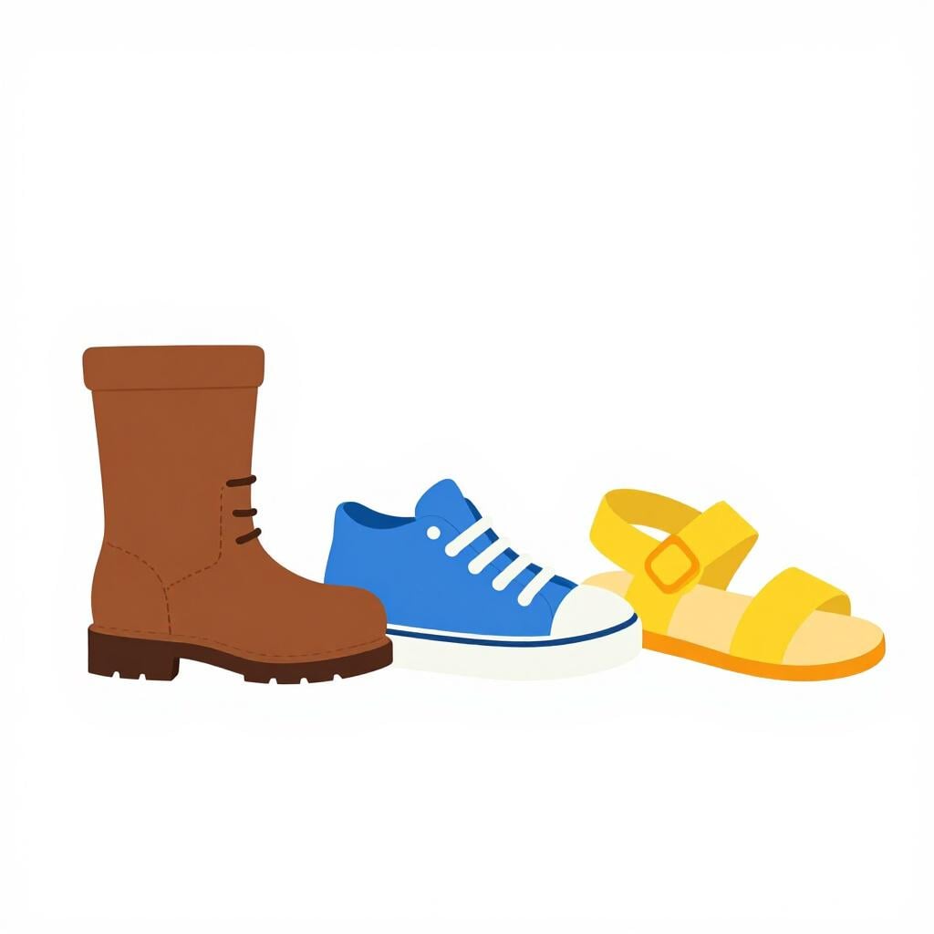 A neat row of various types of footwear including a leather boot, a sneaker, and a sandal.