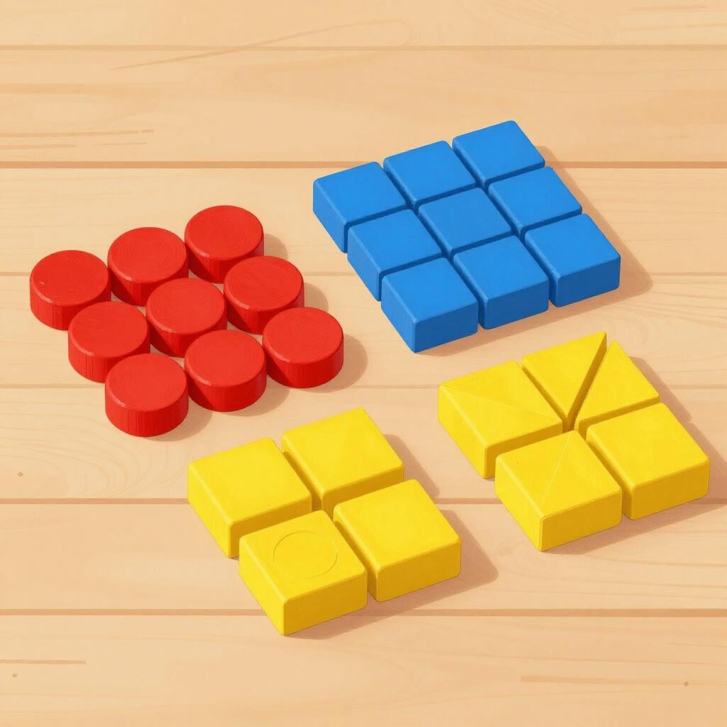 A collection of colorful toy blocks being sorted into separate piles of the same color.