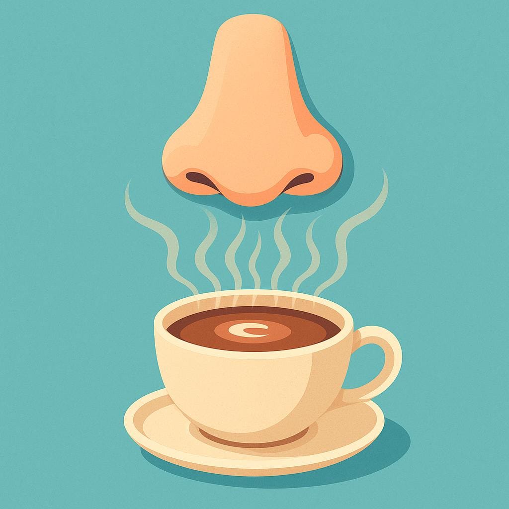 A colorful storybook illustration of a stylized nose leaning down to smell the steam and aroma rising from a steaming cup of coffee.