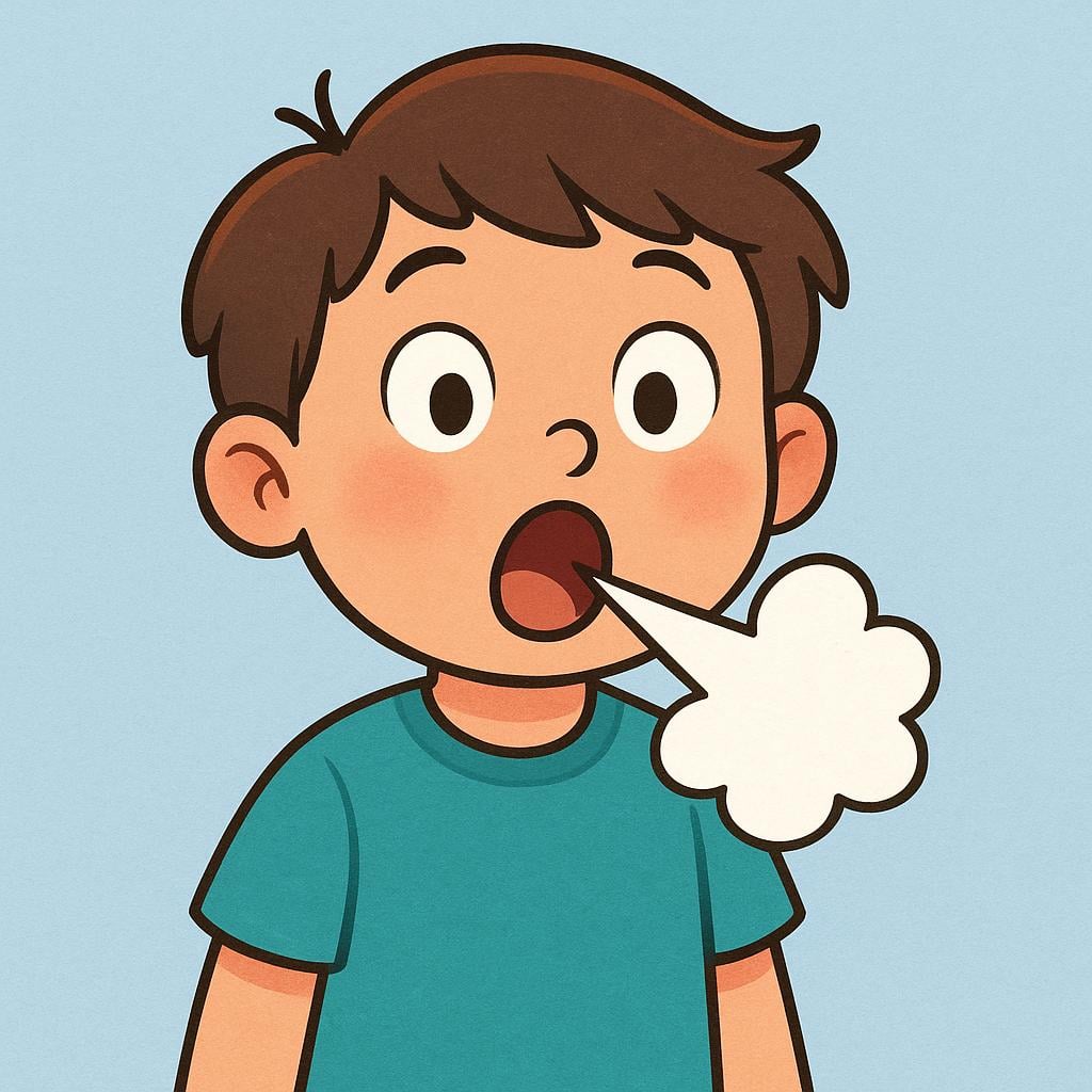 A cartoonishly surprised person with wide eyes suddenly emitting a visible burst of sound from their mouth, indicating they blurted something out unexpectedly.