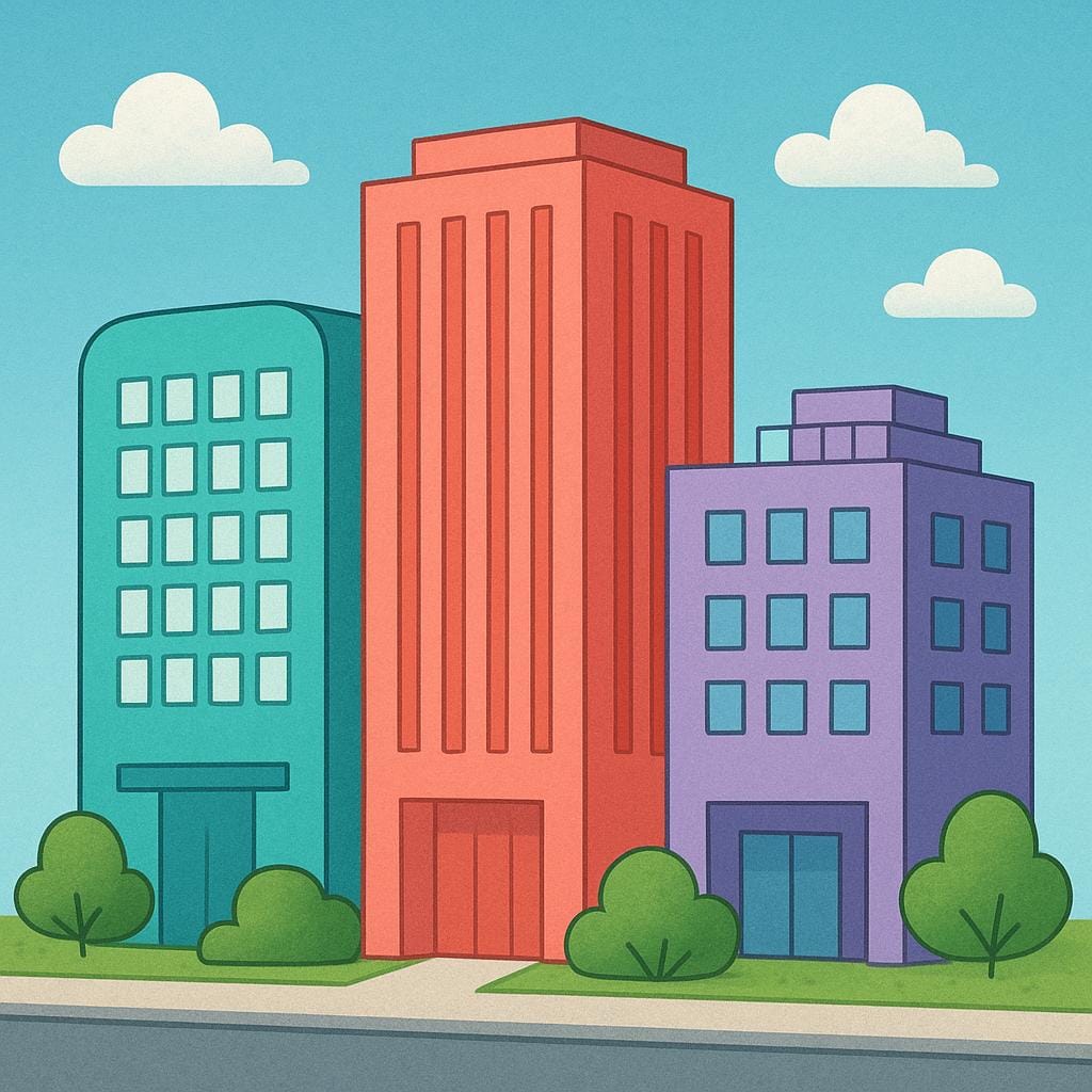 A colorful storybook illustration showing three distinct, stylized corporate office buildings standing close together, representing different companies.