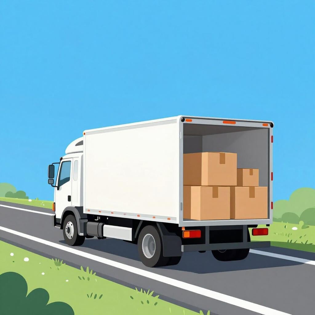 A large colorful truck driving down a road carrying boxes.