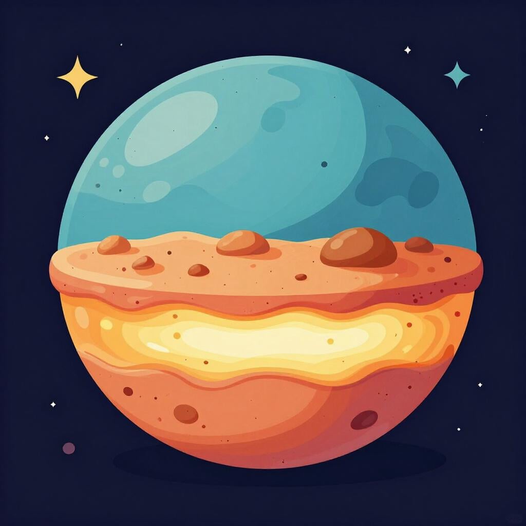A cross-section of a colorful planet showing the thin outer surface layer.