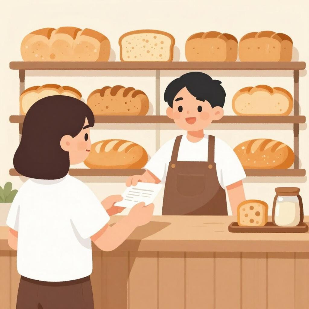 A person handing a small handwritten list to a baker behind a counter with fresh bread.
