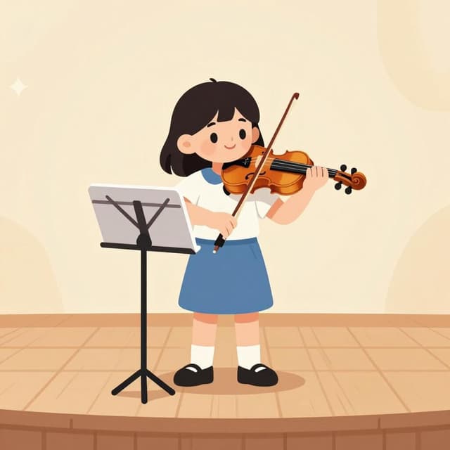 A young girl playing a violin on a small wooden stage with a music stand.