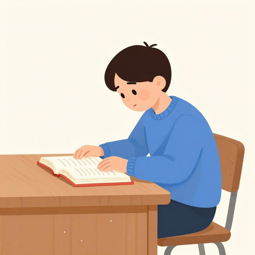 Un jeune étudiant assis à un bureau, se penchant en avant avec une concentration intense en lisant un gros livre.