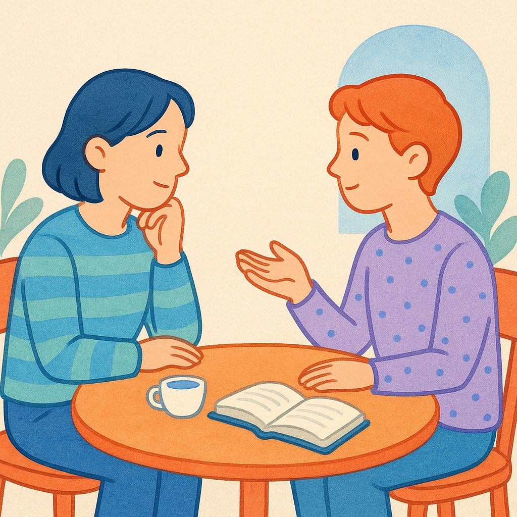 Two friendly characters sitting at a table having a calm conversation, illustrating the act of discussion.