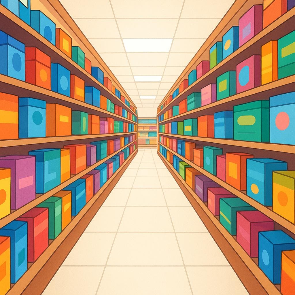 A view looking down a brightly lit supermarket aisle, flanked by tall shelves full of colorful products arranged neatly.