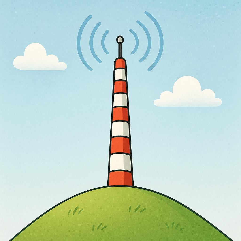 A tall, stylized communication broadcast tower standing on a green hill, emitting wavy signals into the sky.