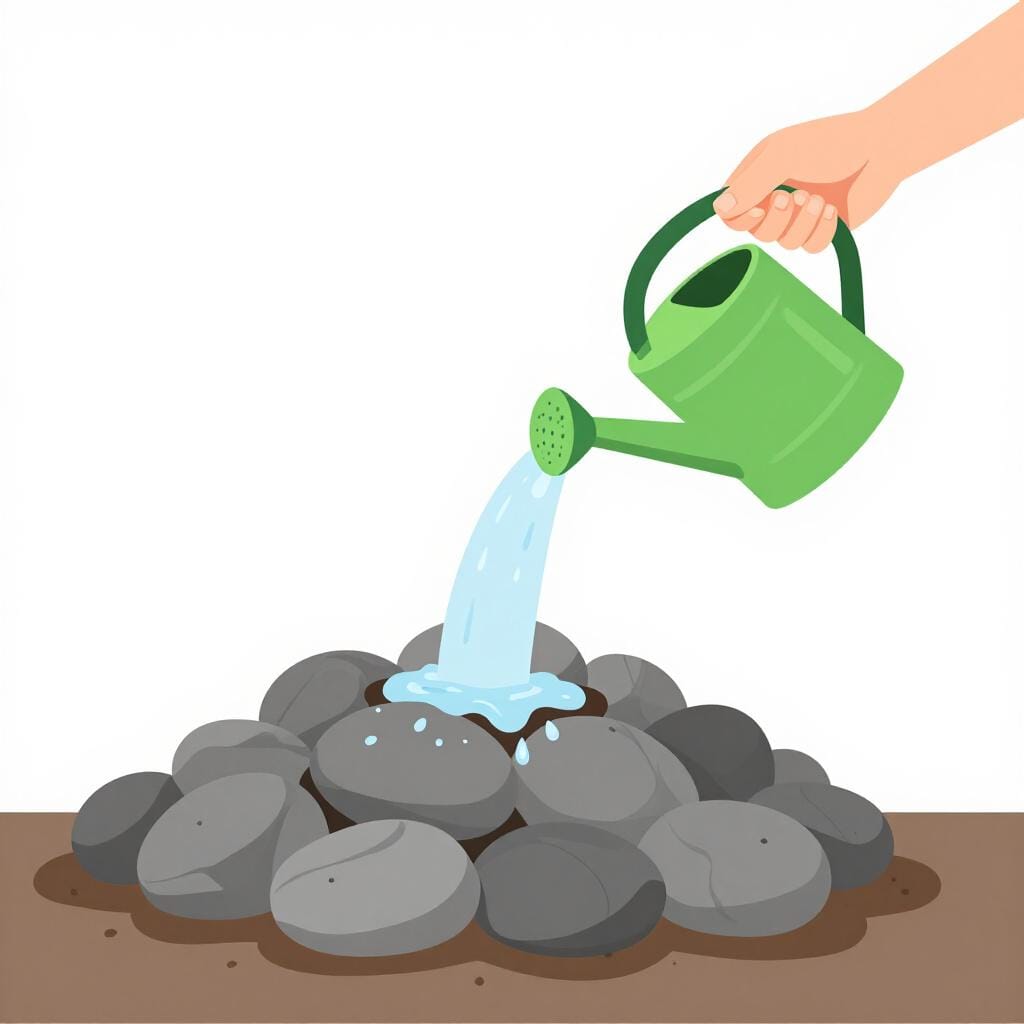 A person trying to water a pile of dry rocks with a watering can.