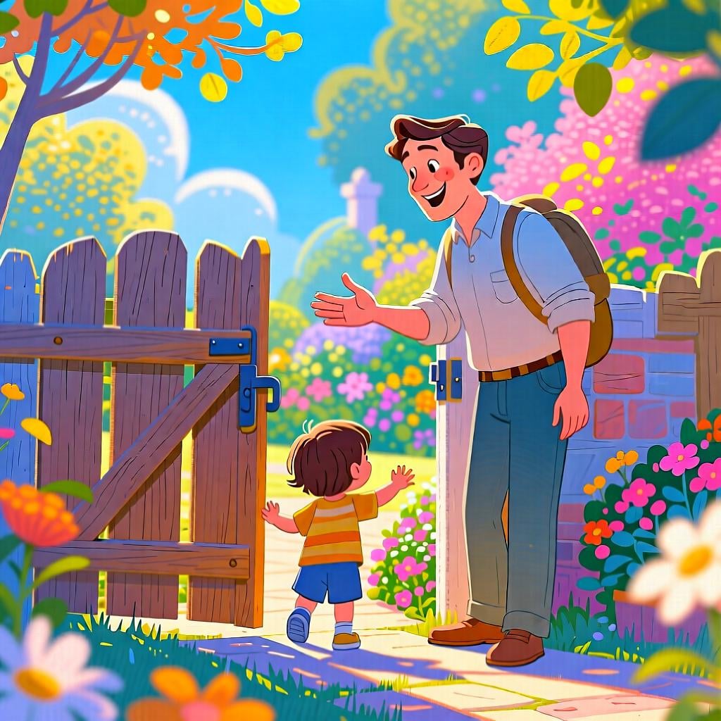 A smiling adult holding open a brightly colored gate, allowing a child to walk through into a sunny garden, symbolizing giving permission.
