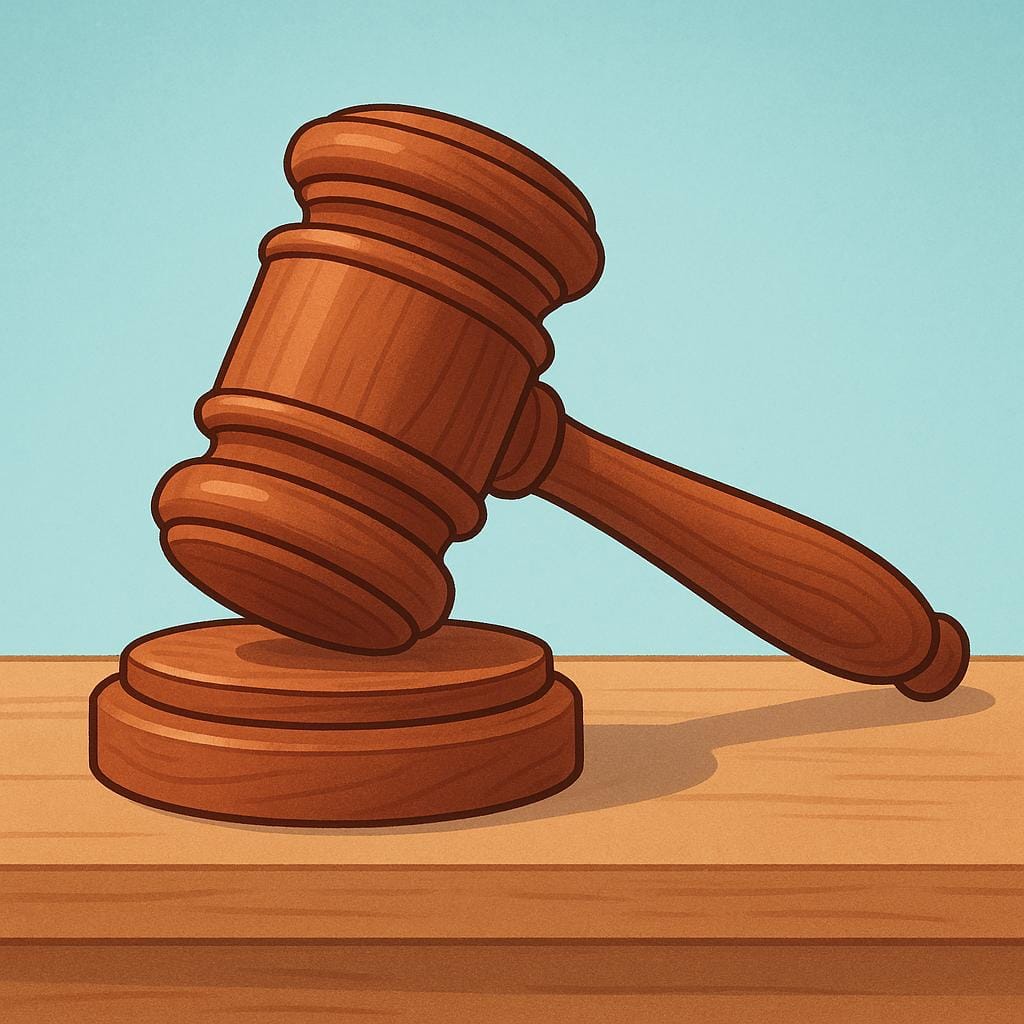 A close-up view of a large wooden judge's gavel resting on a round wooden sound block, symbolizing a final judicial decision.