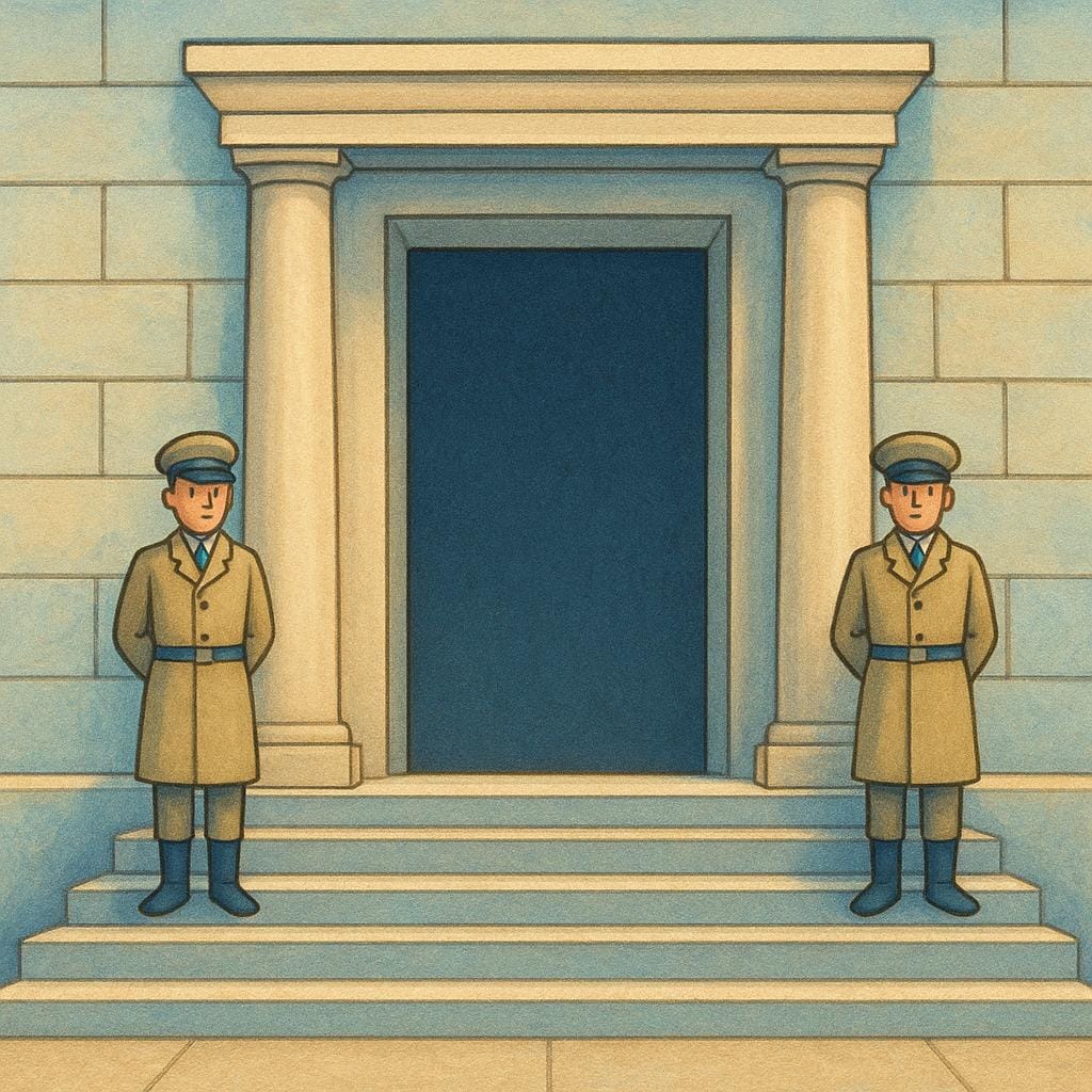 A simple illustration of a formal, official building entrance guarded symmetrically by two uniformed figures, representing the authorities.