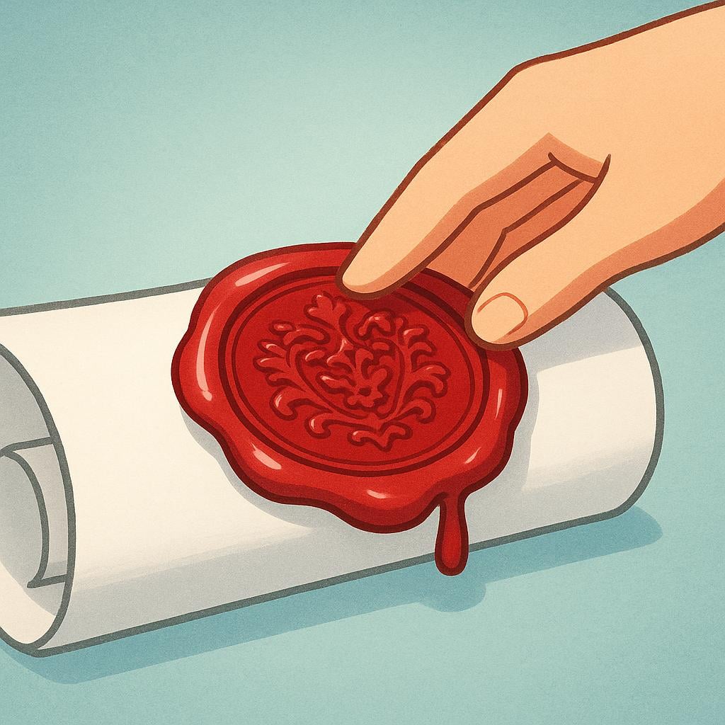 A stylized, official-looking red wax seal being pressed onto a rolled-up parchment scroll by a hand, symbolizing a legal provision.
