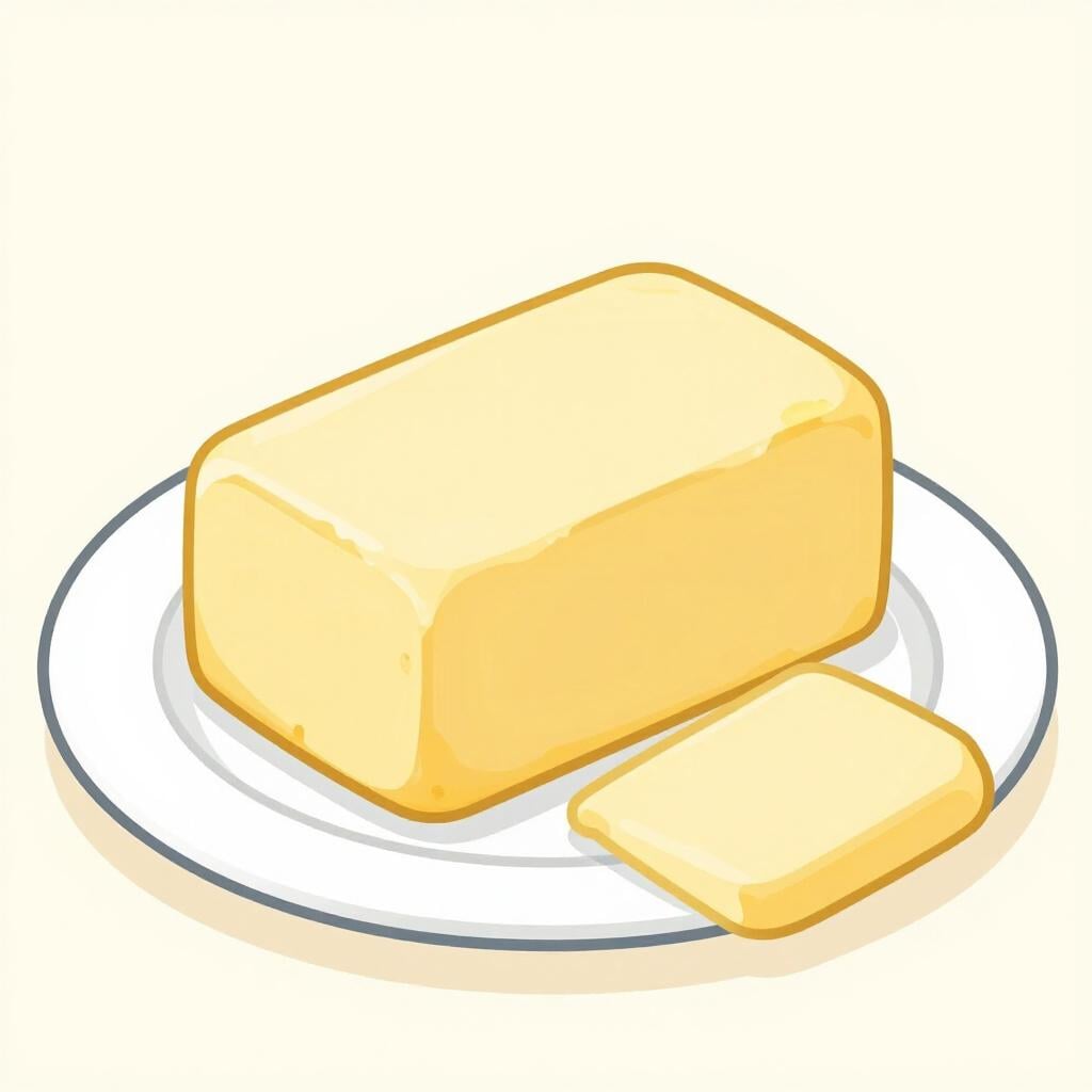 A solid block of yellow butter resting on a small white plate.