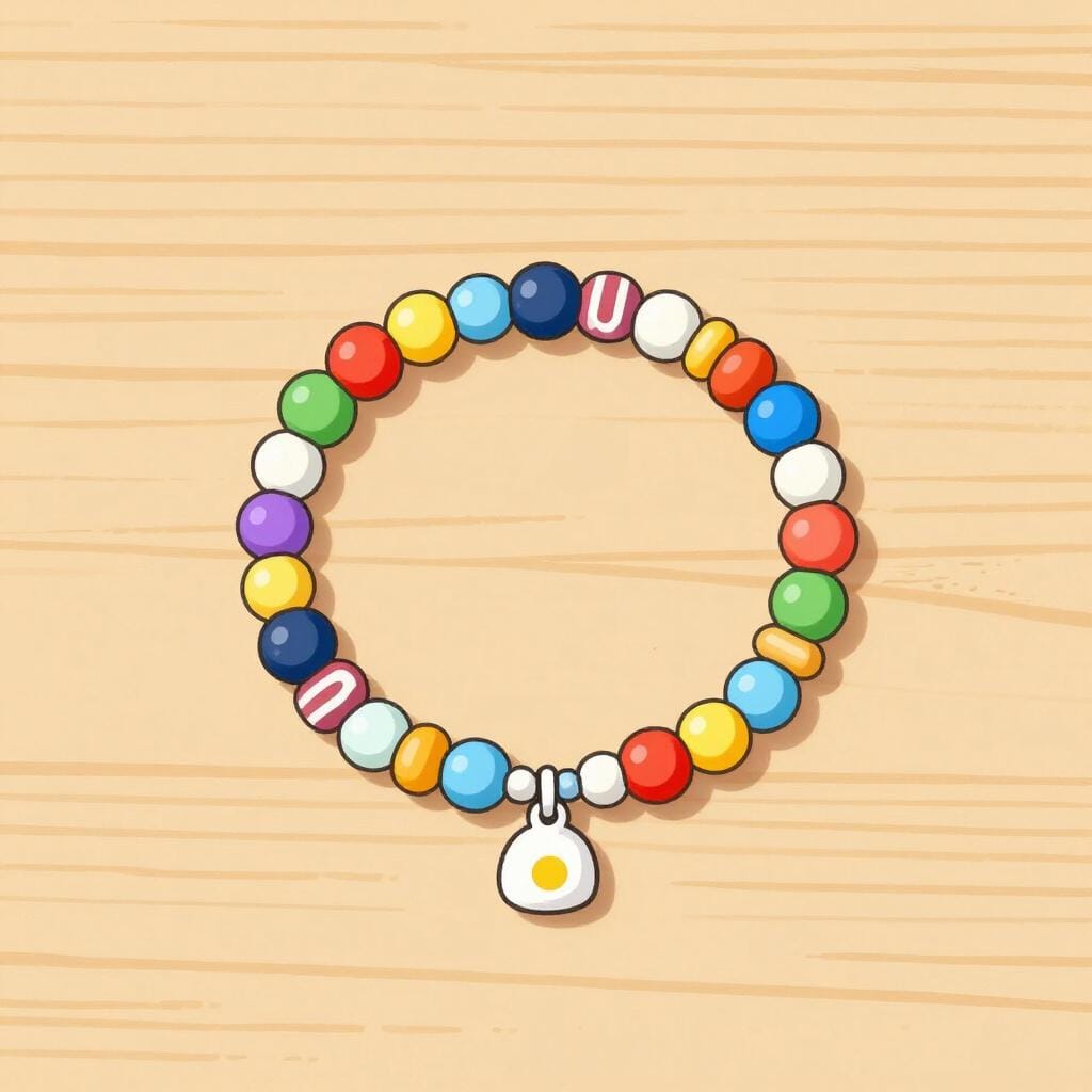 A colorful beaded bracelet resting on a wooden table.