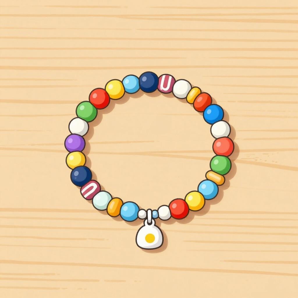 A colorful beaded bracelet resting on a wooden table.