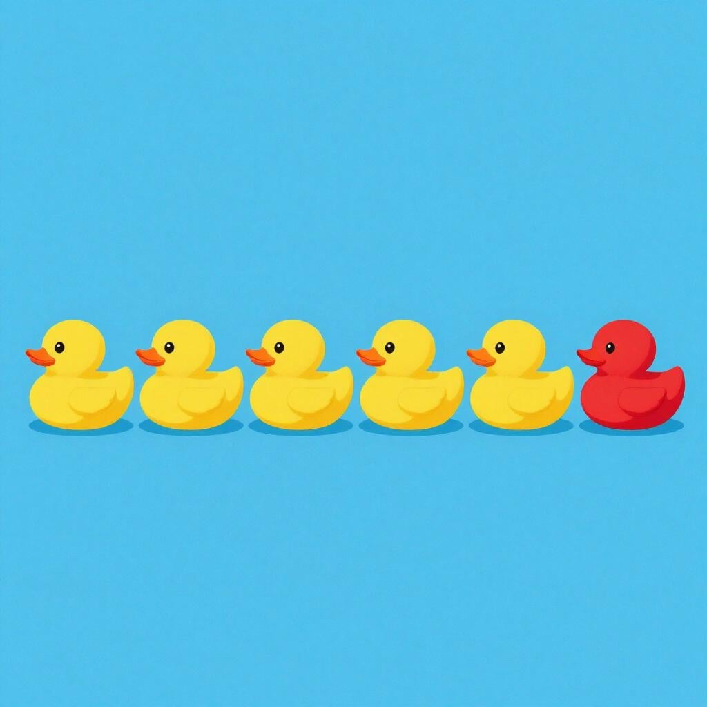 A row of eight colorful toy ducks, with the eighth duck in the sequence being a bright red color to stand out from the others.