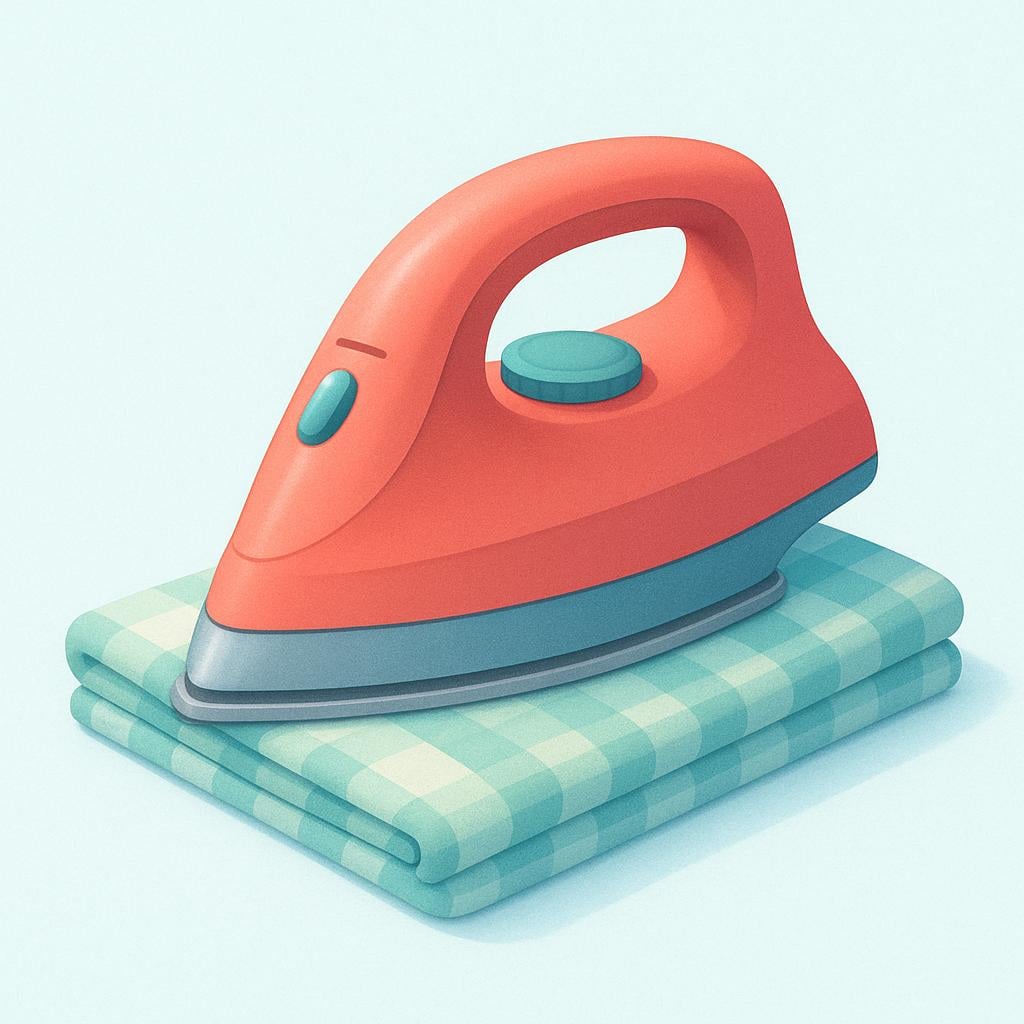 A classic, triangular household clothes iron with a handle, depicted resting on a piece of folded cloth.