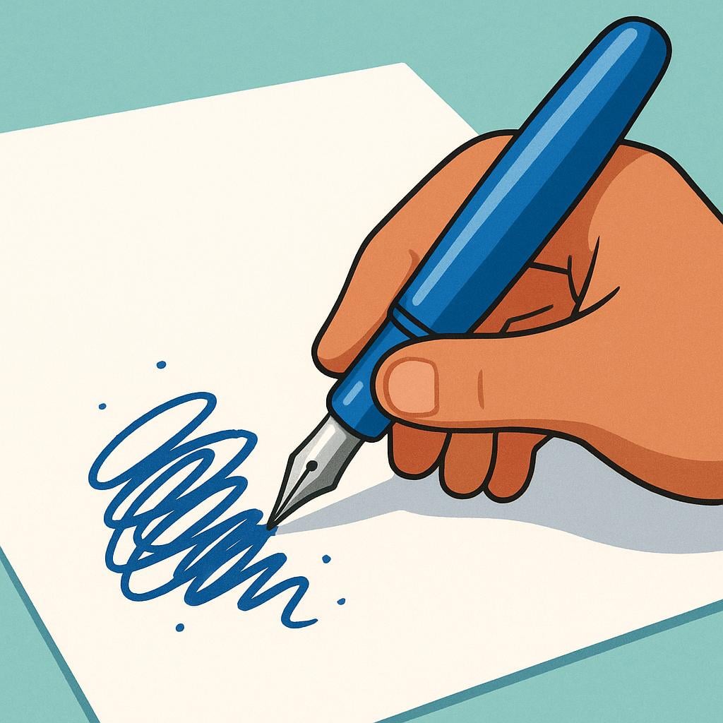 A human hand holding a fountain pen, actively drawing a signature onto a white piece of paper.