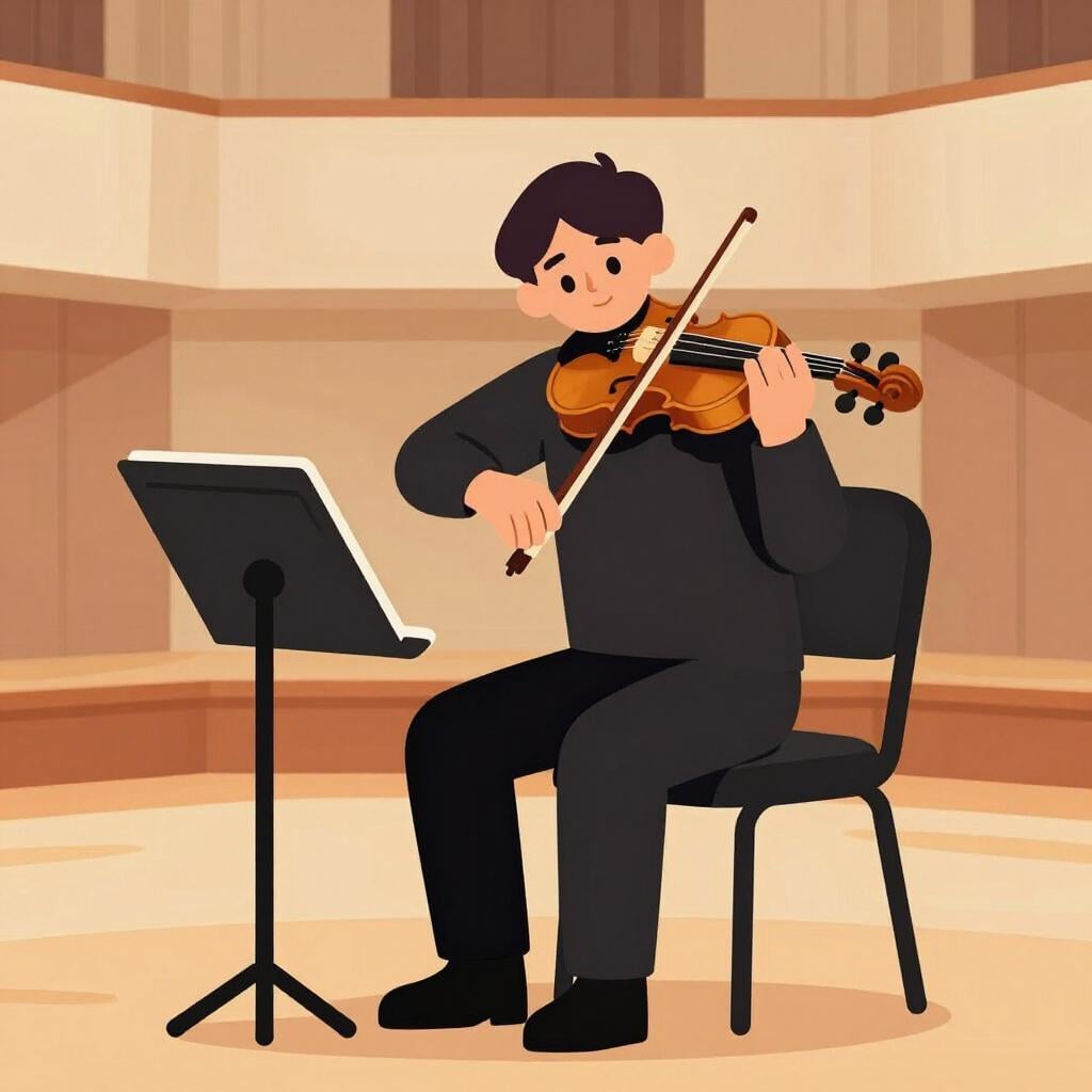 A musician tuning a violin on a stage before a concert.