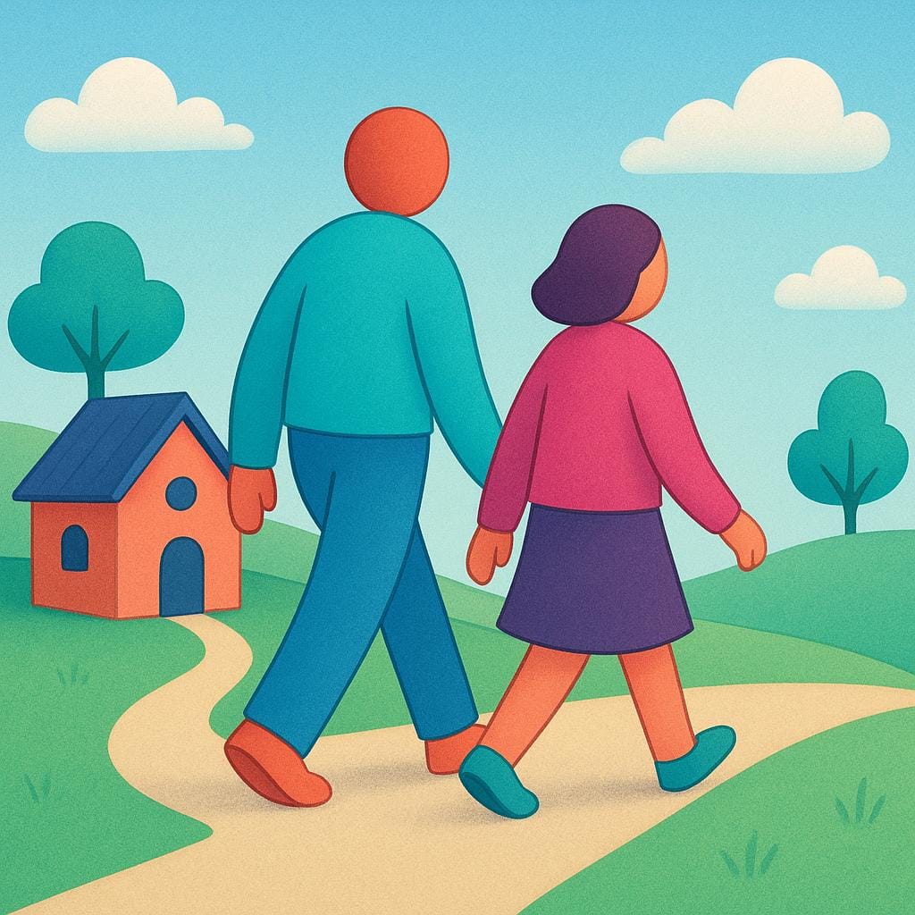 Two colorful figures walking away from a small, stylized house, illustrating the act of leaving a location.