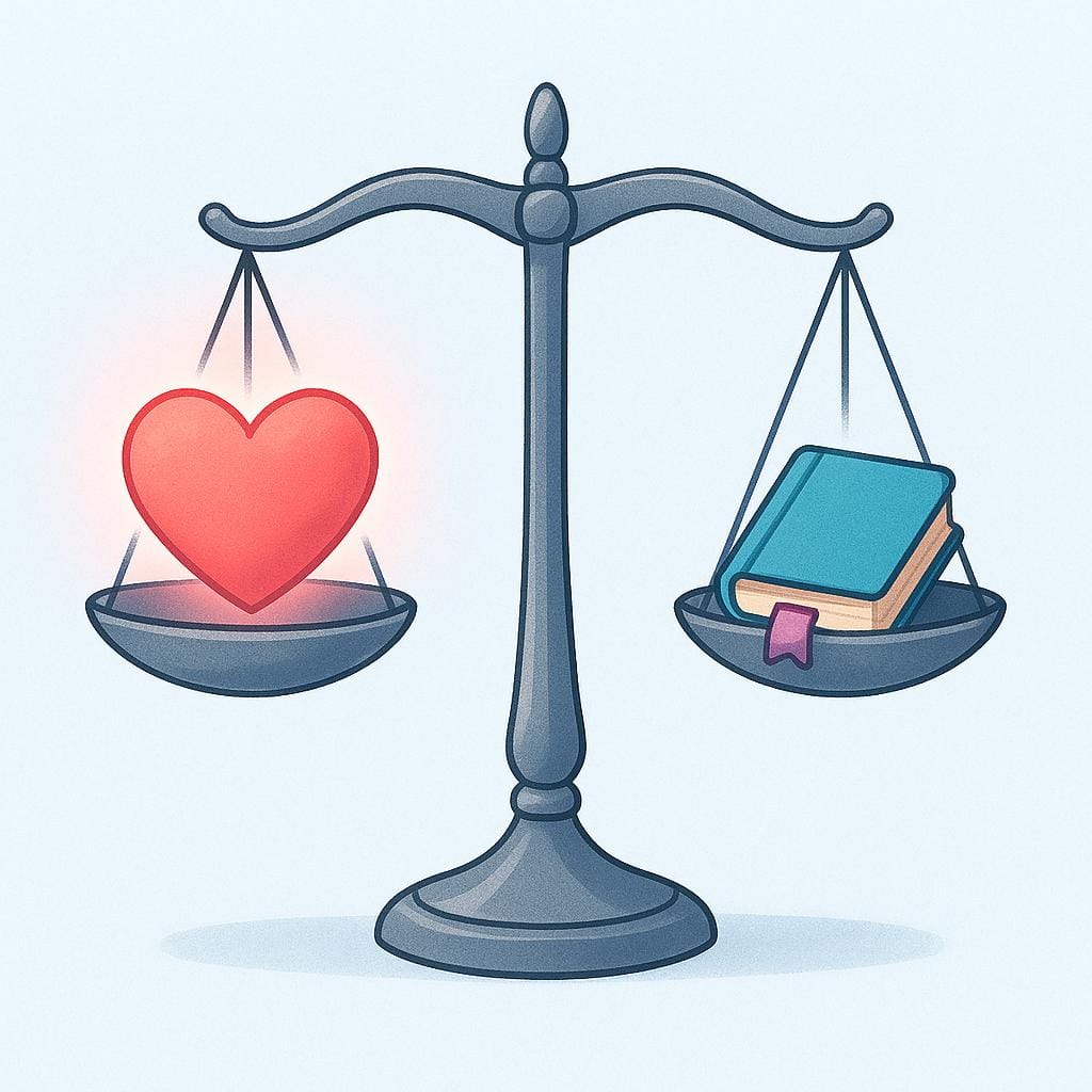 A high quality simple colorful storybook illustration of perfectly balanced scales, with a glowing heart resting on one pan and a small, stylized book on the other, symbolizing fairness and ethical principles.