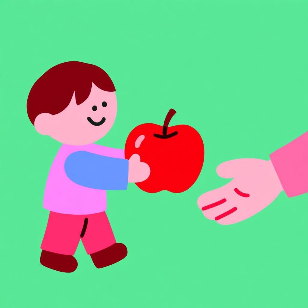 A simple storybook illustration showing one person handing a bright red apple to another person, symbolizing the fulfillment of the command 'give me'.