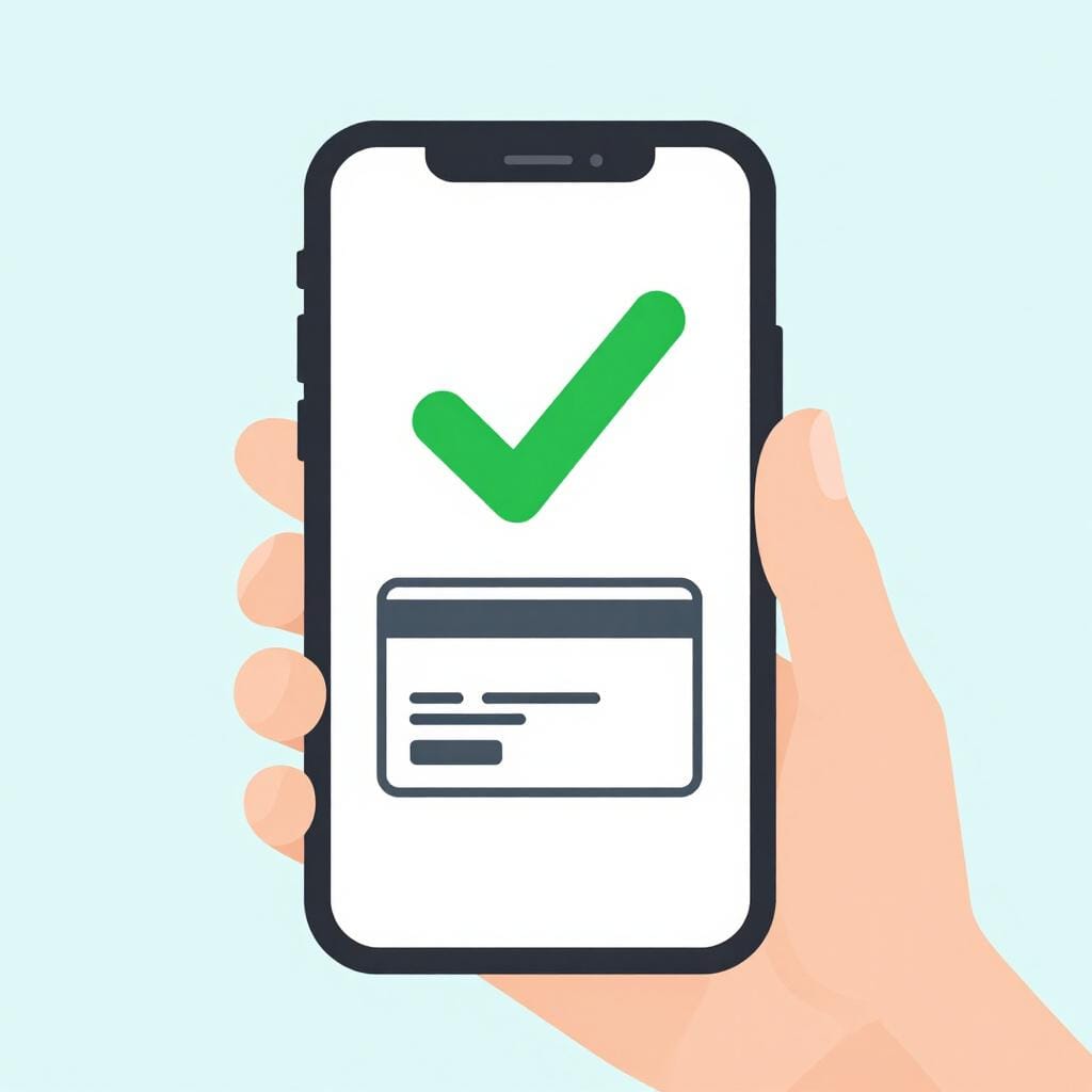 A hand holding a smartphone showing a large green checkmark over a generic credit card icon.