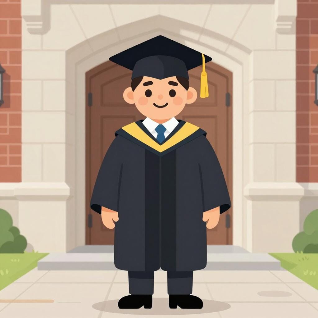 A distinguished person in academic robes standing in front of a grand university building.