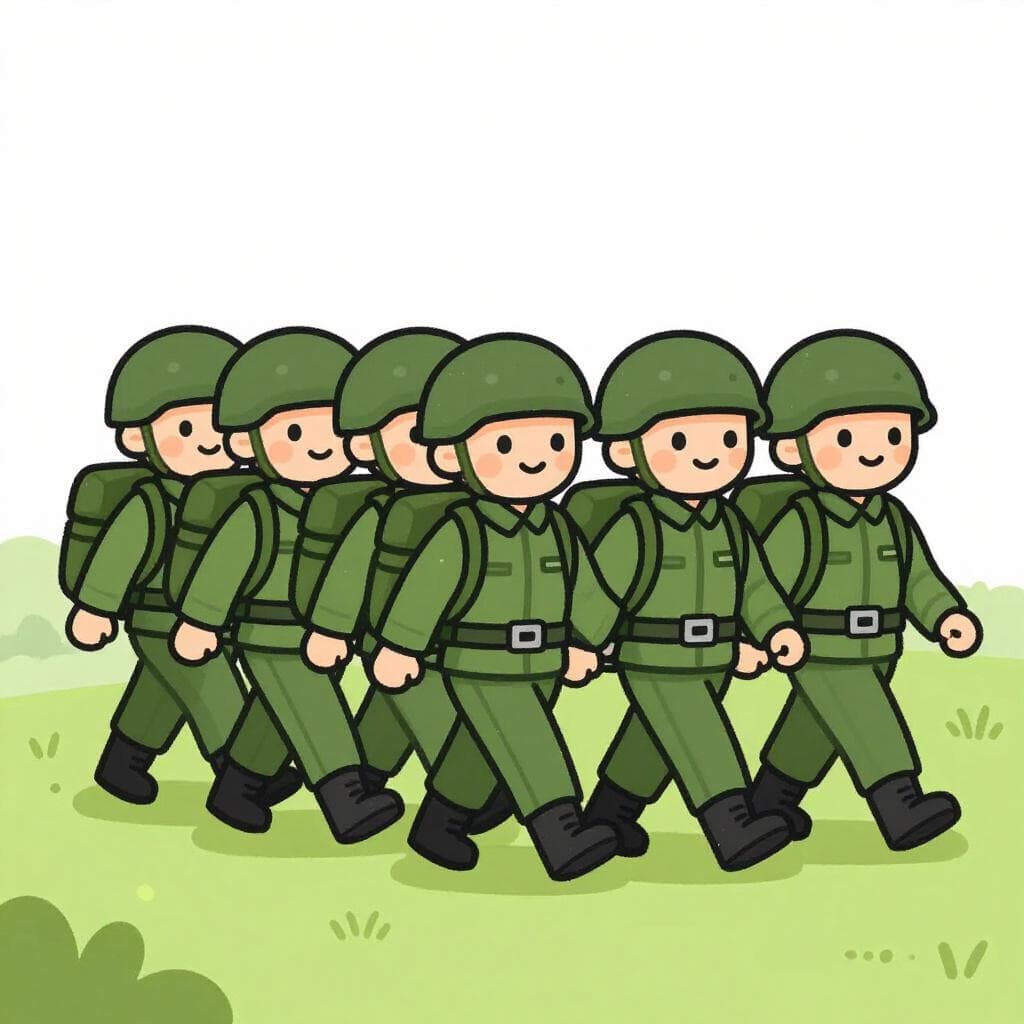 Une rangée de plusieurs soldats marchant ensemble en uniforme vert assorti avec des sacs à dos.