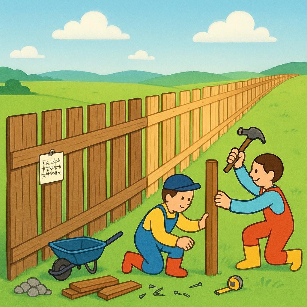 A wide view of a field where a long wooden fence has been mostly constructed. Two figures are seen finishing the last section of the fence.