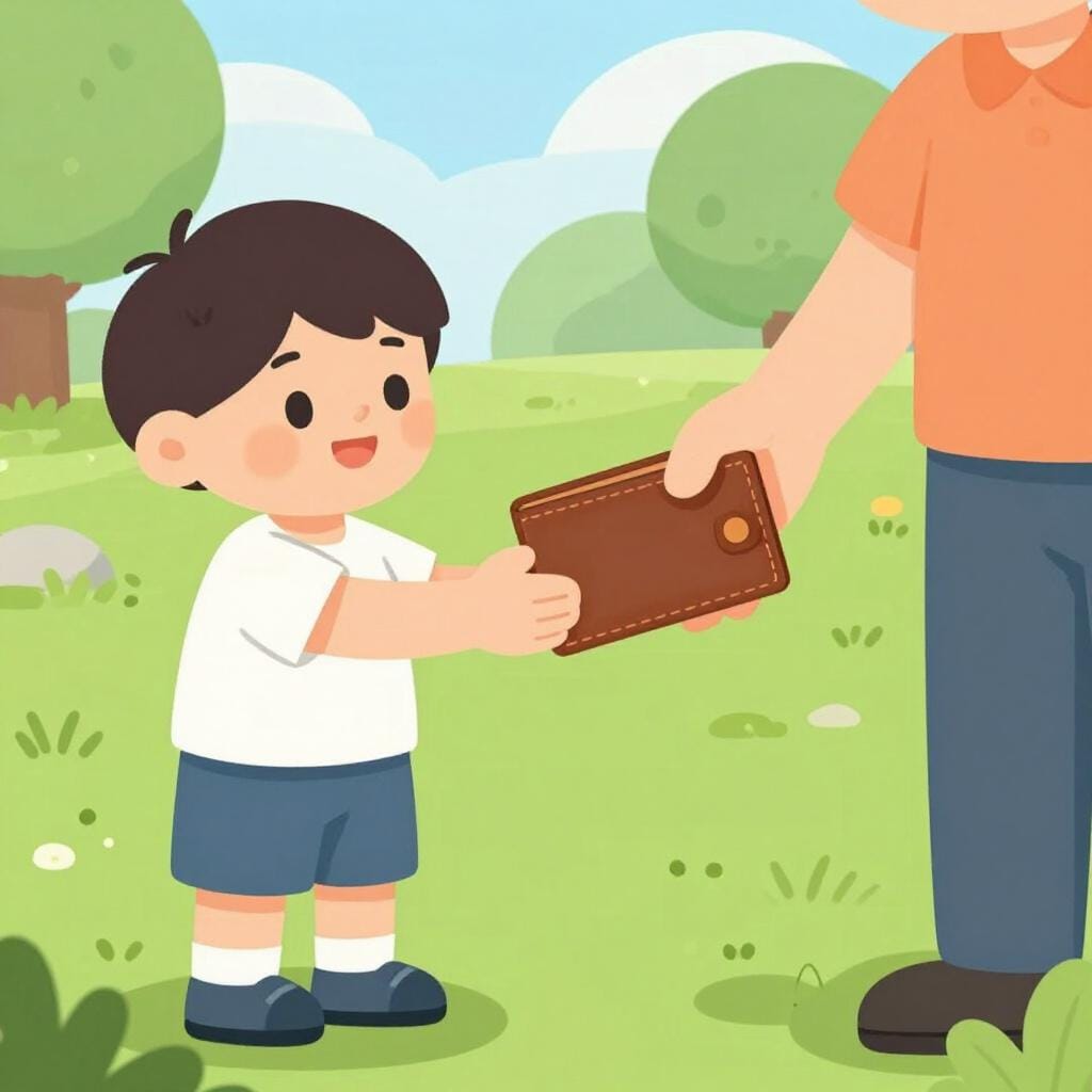 한 어린이가 공원에서 떨어진 지갑을 주인에게 돌려주고 있습니다.