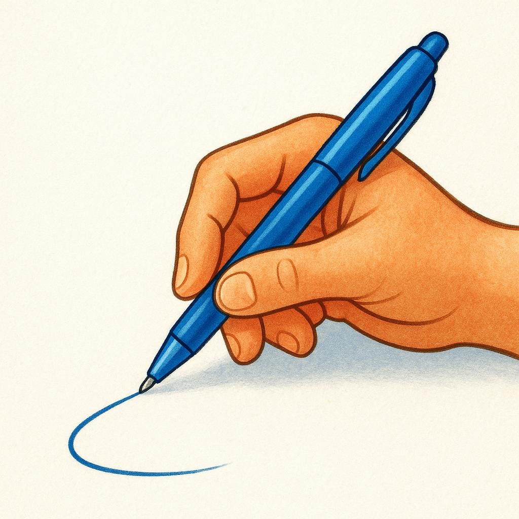 A close-up view of a hand holding a blue pen, actively moving across a blank sheet of paper, demonstrating the action of writing.