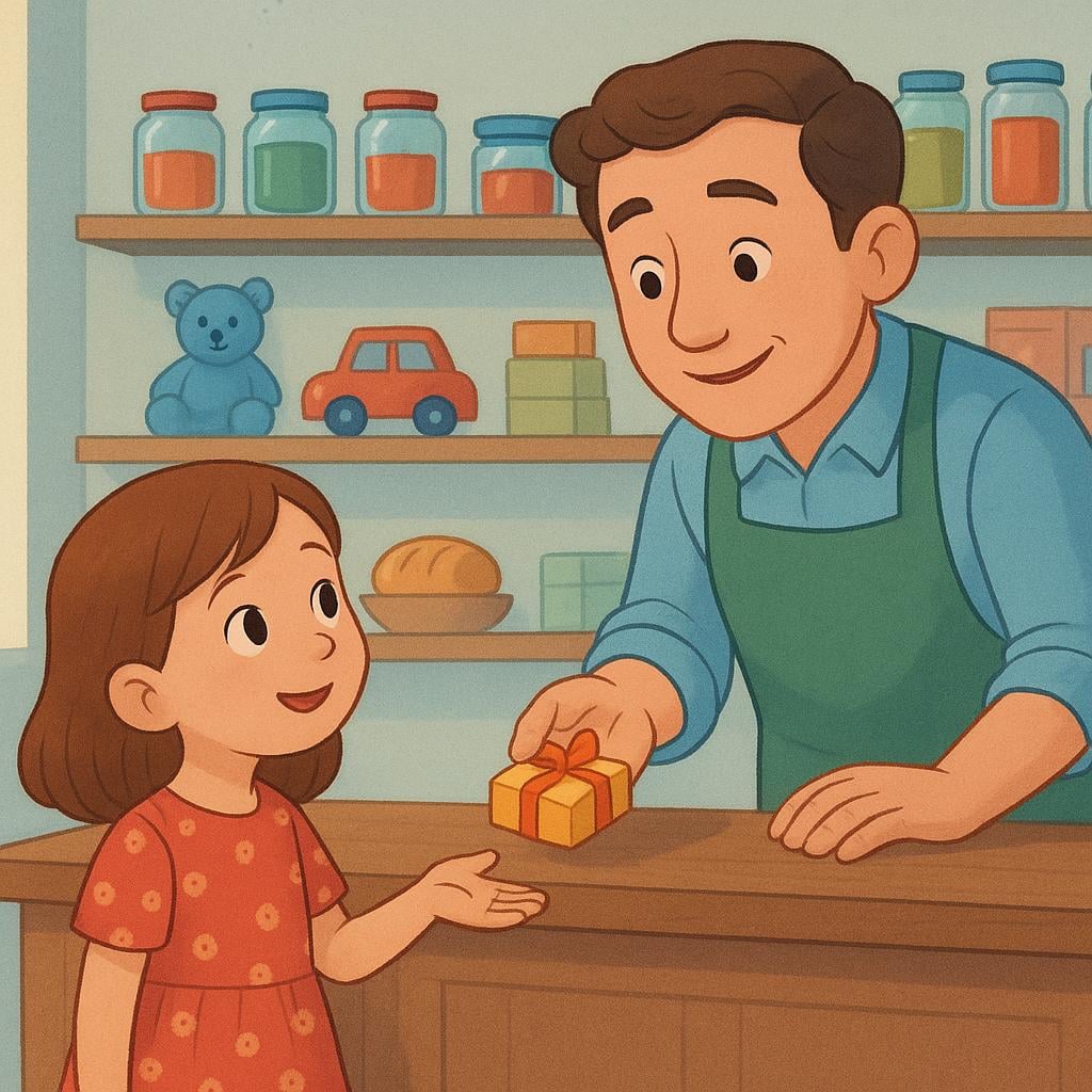 A young girl stands at a counter, extending an open hand toward a shopkeeper, clearly making a request.