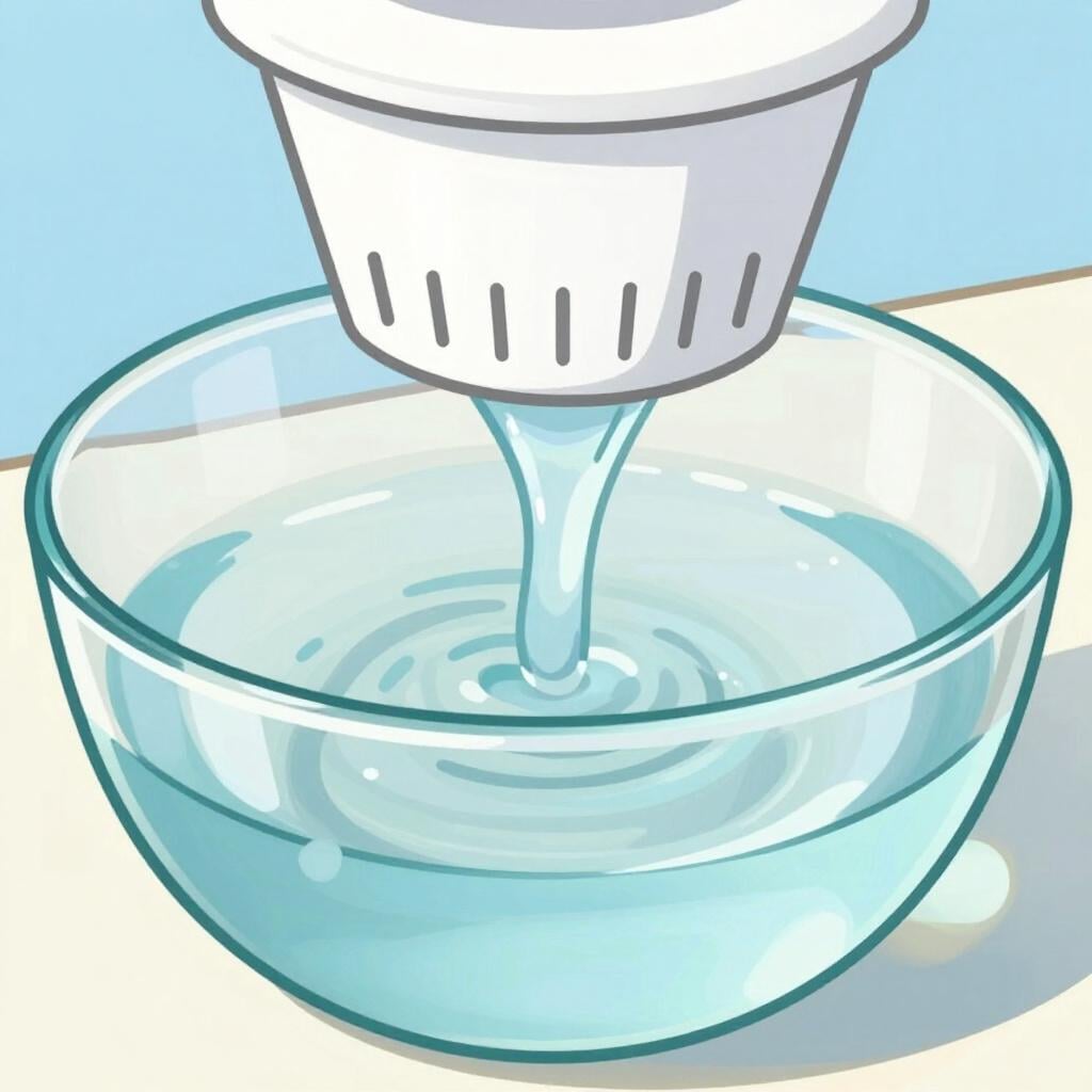 A glass of crystal clear water being poured through a clean white filter into a bowl.