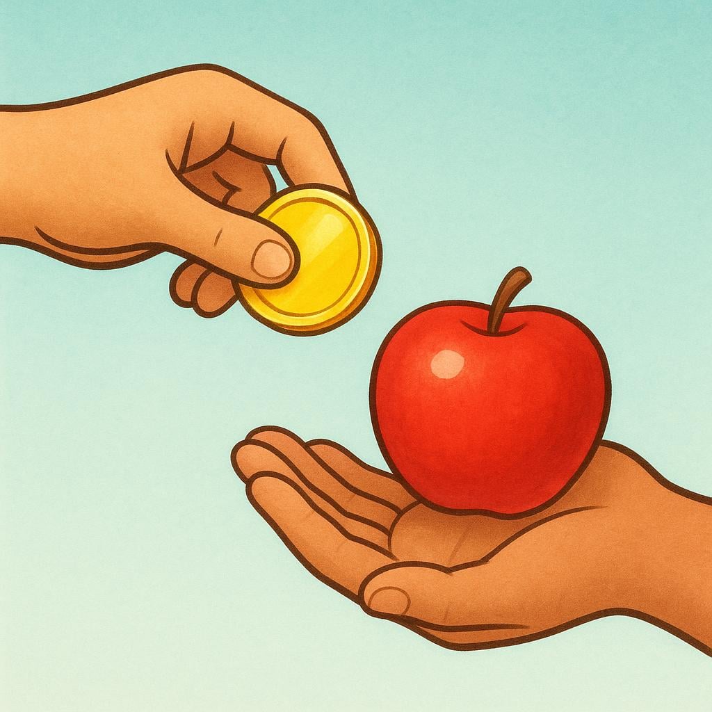 A close-up illustration of two hands completing a transaction: one hand is offering a shiny gold coin, and the other is receiving the coin while holding a single bright red apple.