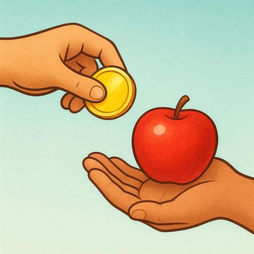 A close-up illustration of two hands completing a transaction: one hand is offering a shiny gold coin, and the other is receiving the coin while holding a single bright red apple.