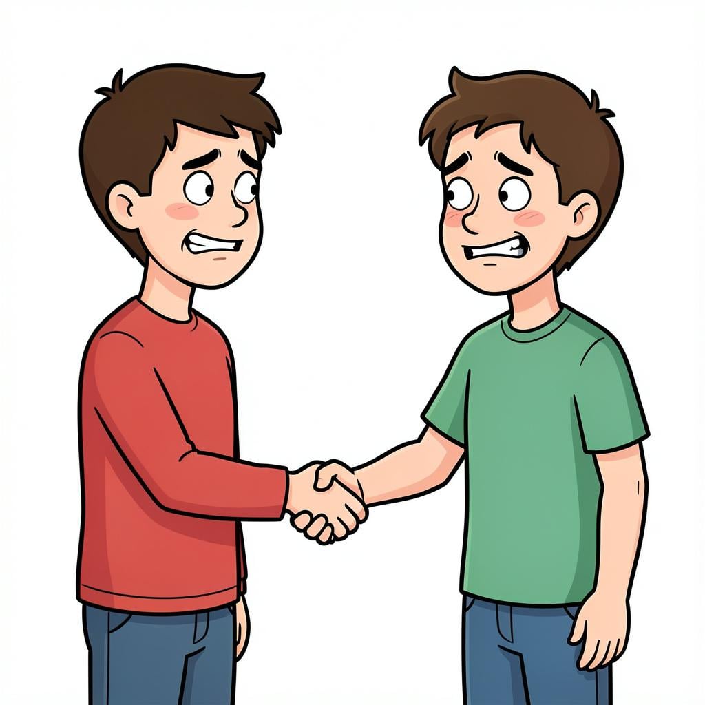 Two people standing stiffly and shaking hands with awkward, tight smiles.