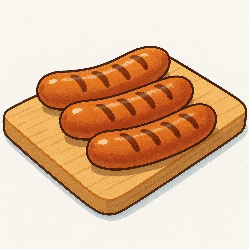Three plump grilled bratwurst sausages resting on a simple wooden cutting board.