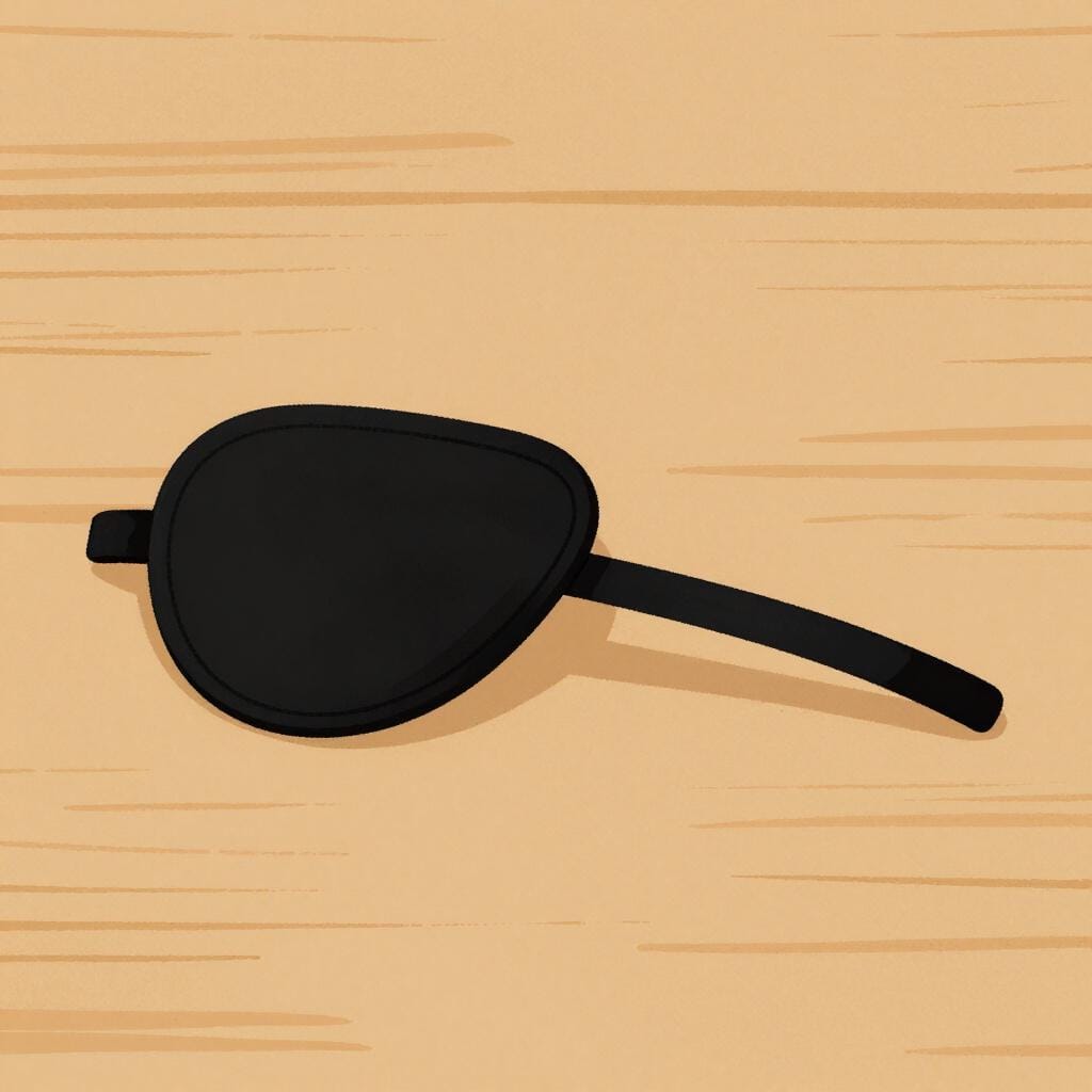 A black pirate-style eye patch resting on a wooden table.