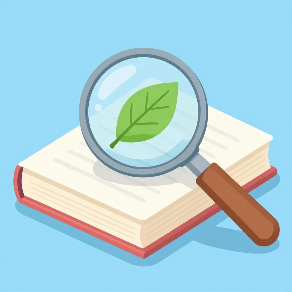 An open book with a magnifying glass hovering over a specific illustration of a leaf, showing focus on a single topic.