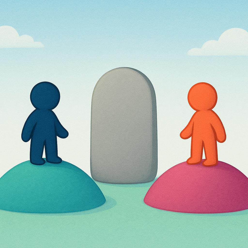 Two simple, stylized figures stand on separate, different colored hills, each looking toward a single neutral object in the valley between them, illustrating differing views or standpoints.