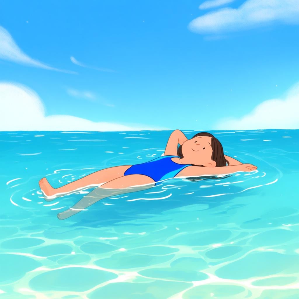 A person wearing a swimsuit floating casually on their back in clear blue ocean water under a sunny sky.